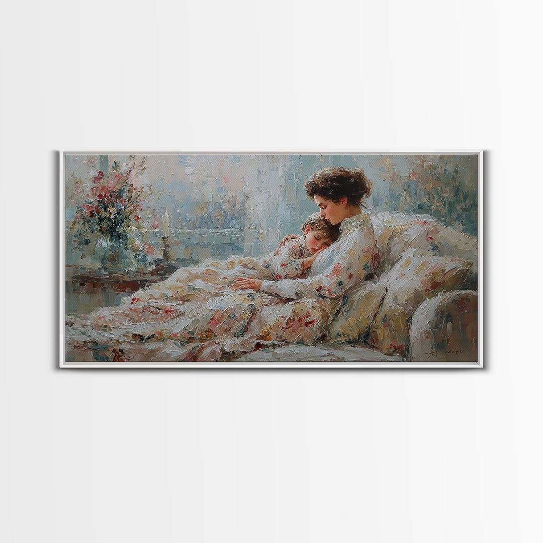 Mother And Child Floral Blanket Wall Art, Impressionist Canvas Print, Cozy Nursery Decor, Feminine Bedroom Art, Gift For Her