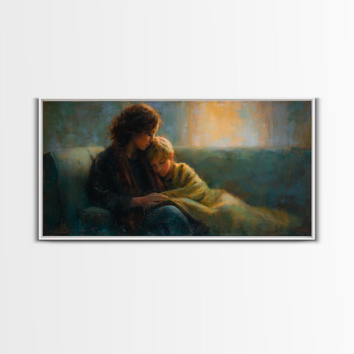 Mother Comforting Child Canvas Print, Moody Figurative Wall Art, Warm Living Room Decor, Cozy Bedroom Print, Gift For Mom