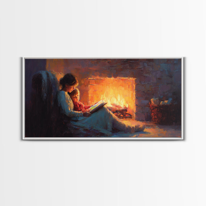Mother And Child Fireside Reading Canvas Print, Warm Storybook Wall Art, Cozy Cabin Decor, Nursery Art, Gift For Book Lover