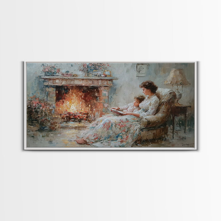 Mother And Child Reading Near Fireplace Wall Art, Impressionist Living Room Decor, Cozy Bedroom Art, Housewarming Gift Print