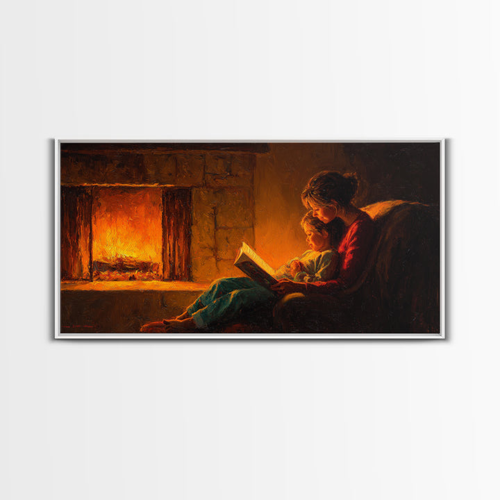 Cozy Mother And Child Reading Framed Canvas Print, Warm Fireplace Wall Art, Storybook Bedroom Decor, Gift For Mom, Fine Art