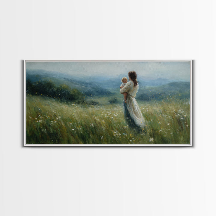 Mother Holding Baby In Misty Meadow Wall Art, Impressionist Landscape Painting, Serene Nursery Decor, Gift For Mom, Home Decor