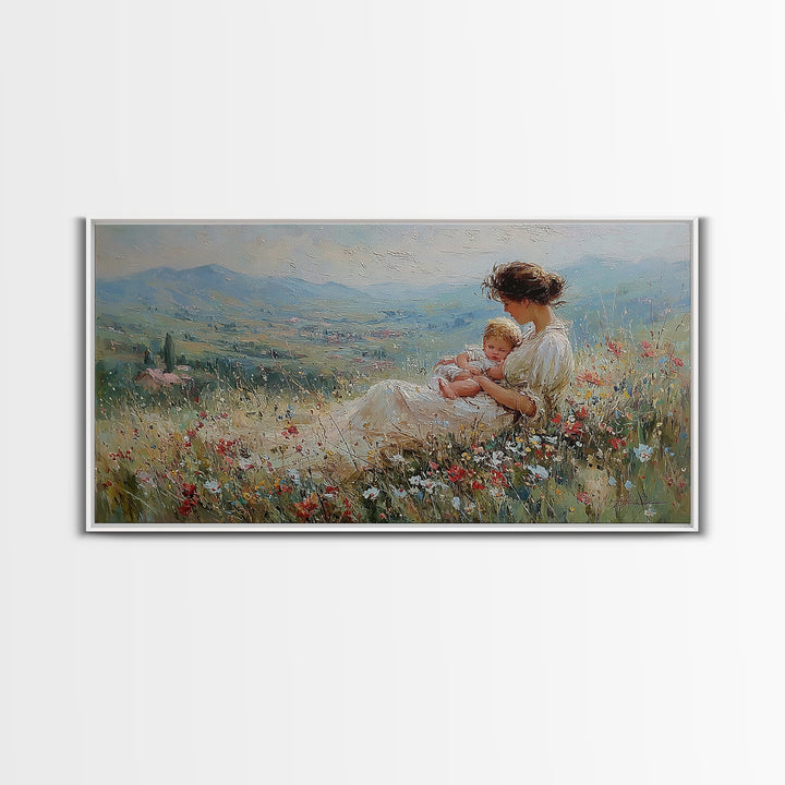 Mother And Infant In Flower Meadow Wall Art, Impressionist Landscape Canvas Print, Feminine Nursery Decor, Gift For Mom, Home Decor