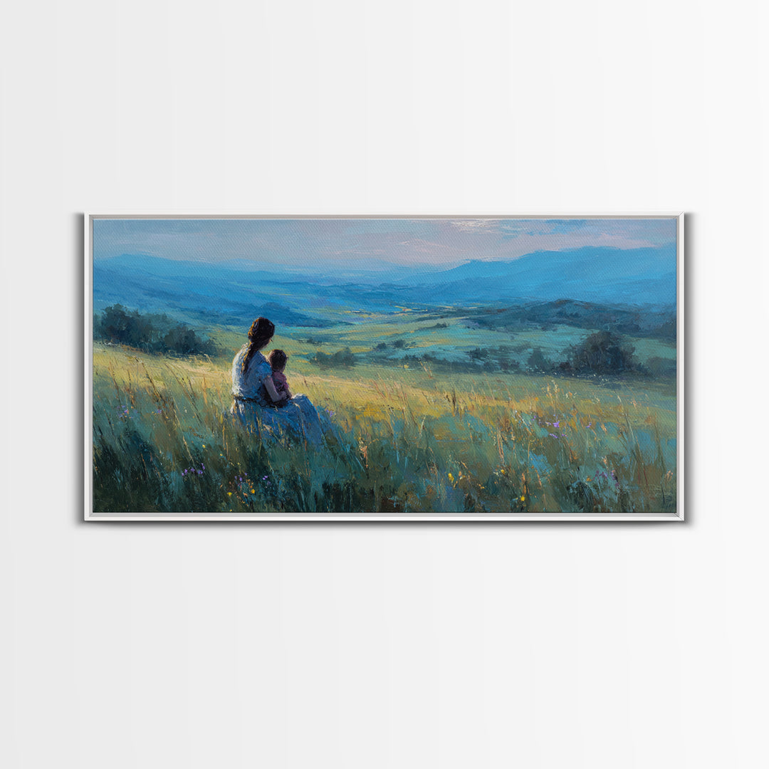 Mother And Child Over Blue Valley Wall Art, Peaceful Landscape Painting, Impressionist Canvas Print, Living Room Decor, Home Decor