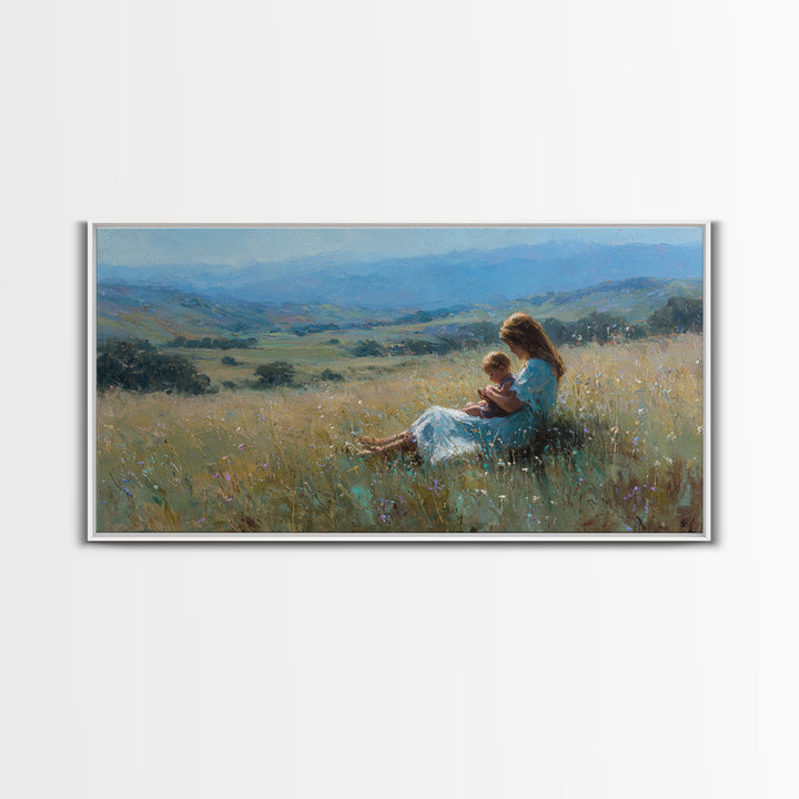 Mother And Baby In Golden Meadow Wall Art, Impressionist Mountain Landscape Canvas Print, Nursery Decor, Housewarming Gift