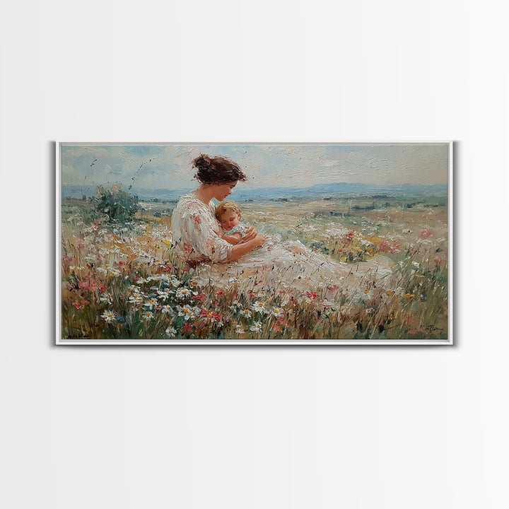 Mother Cuddling Baby In Daisy Meadow Wall Art, Textured Impressionist Canvas Print, Feminine Nursery Decor, Gift For Her