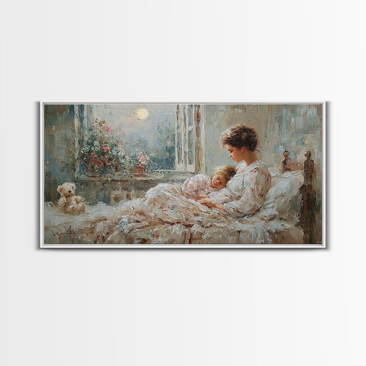 Mother And Child In Moonlit Bedroom Wall Art, Romantic Impressionist Canvas Print, Cozy Nursery Decor, Gift For Mom, Home Decor