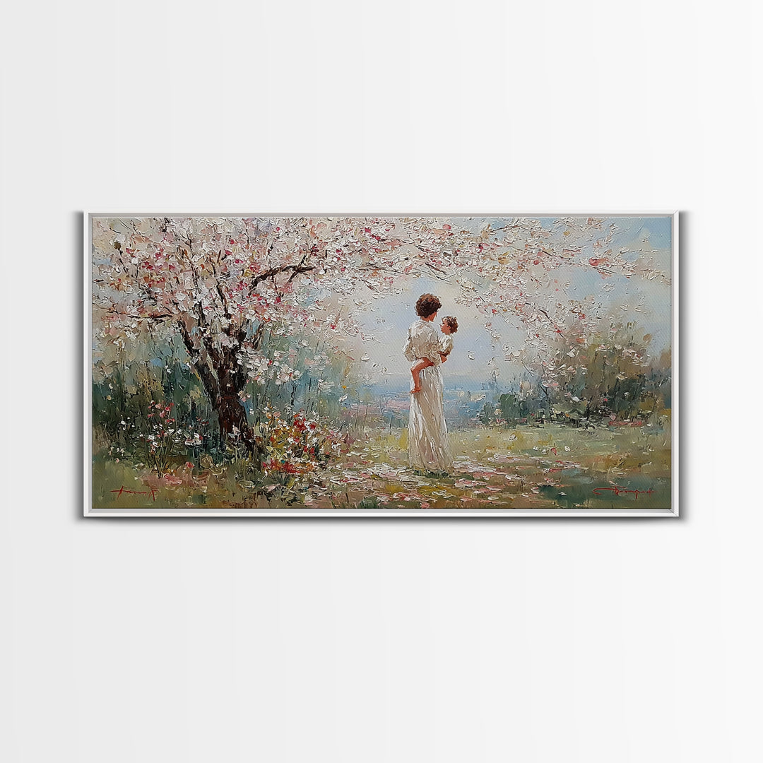 Mother And Baby Under Cherry Blossoms Wall Art, Spring Impressionist Landscape Canvas Print, Pink Floral Decor, Gift For Mom