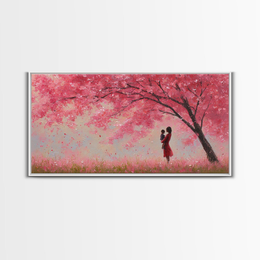 Mother And Baby Beneath Pink Cherry Tree Wall Art, Romantic Spring Landscape Canvas Print, Feminine Decor, Gift For Her, Home Decor