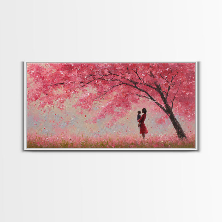 Mother And Baby Beneath Pink Cherry Tree Wall Art, Romantic Spring Landscape Canvas Print, Feminine Decor, Gift For Her, Home Decor
