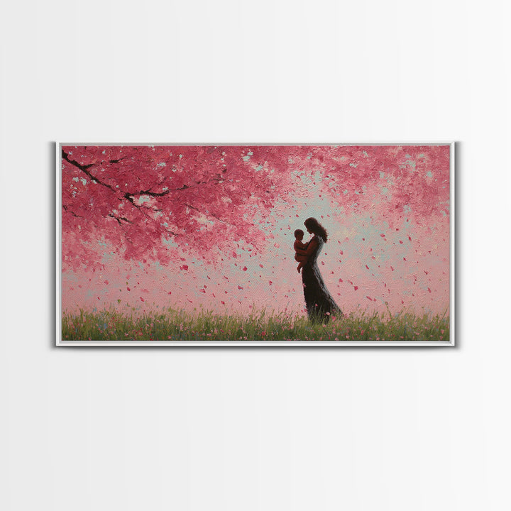 Mother And Child In Pink Blossom Rain Wall Art, Romantic Cherry Blossom Canvas Print, Feminine Bedroom Decor, Gift For Mom