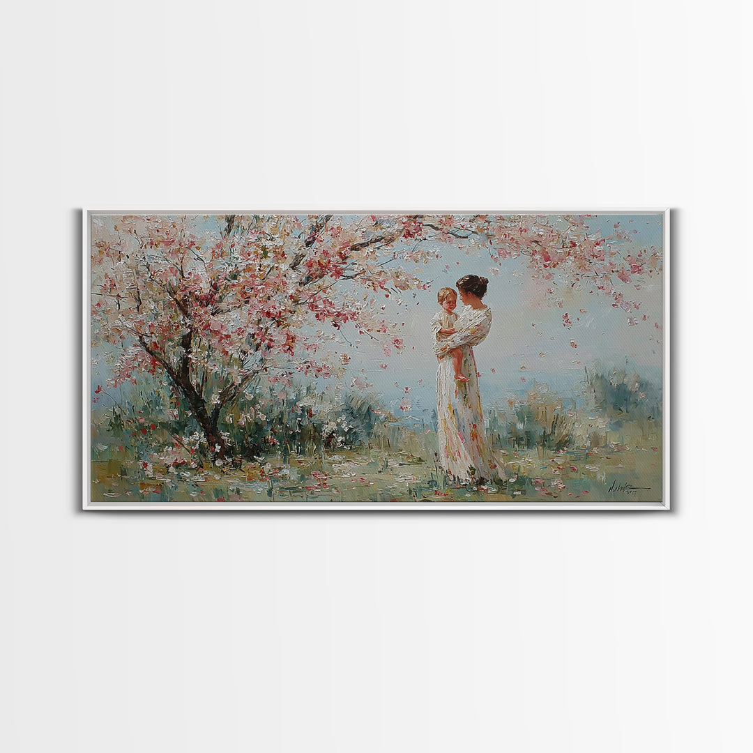 Impressionist Mother Holding Baby Framed Canvas Print, Cherry Blossom Nursery Wall Art, Spring Home Decor, Gift For Her, Mom