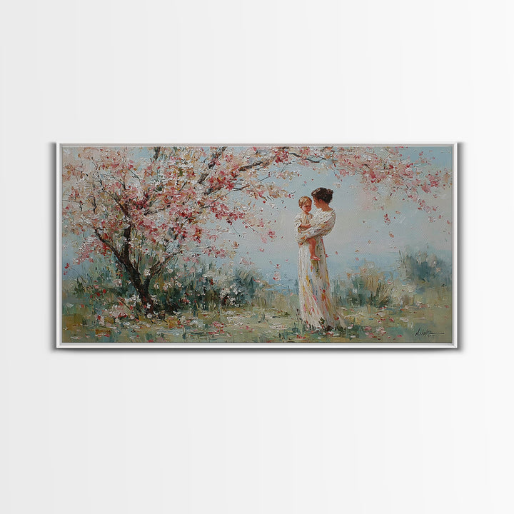 Impressionist Mother Holding Baby Framed Canvas Print, Cherry Blossom Nursery Wall Art, Spring Home Decor, Gift For Her, Mom