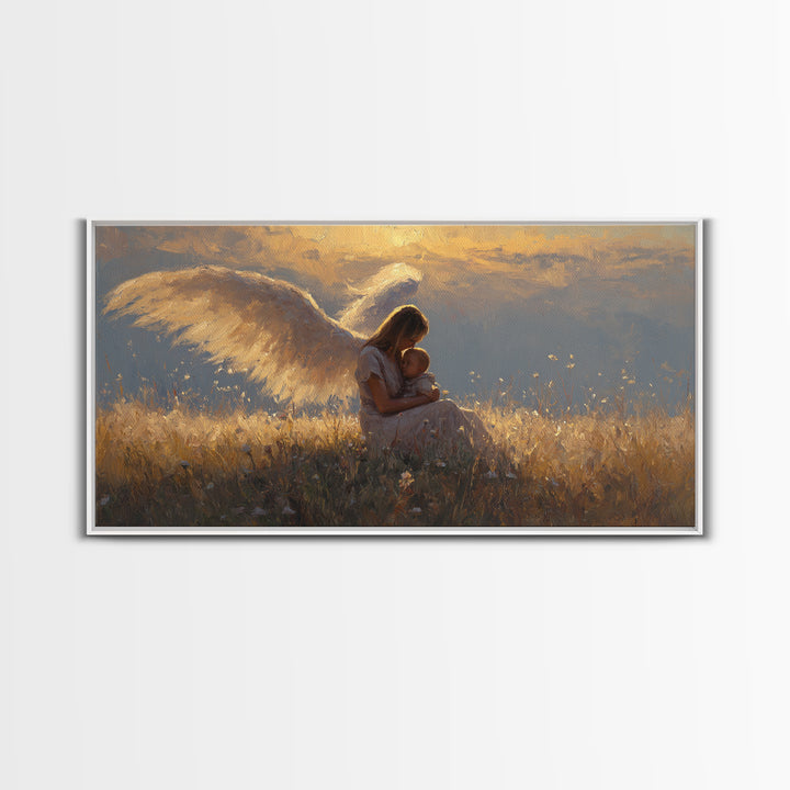 Golden Angel Mother Cuddling Baby Wall Art, Spiritual Canvas Print, Christian Nursery Decor, Calming Bedroom Art, Gift For Mom