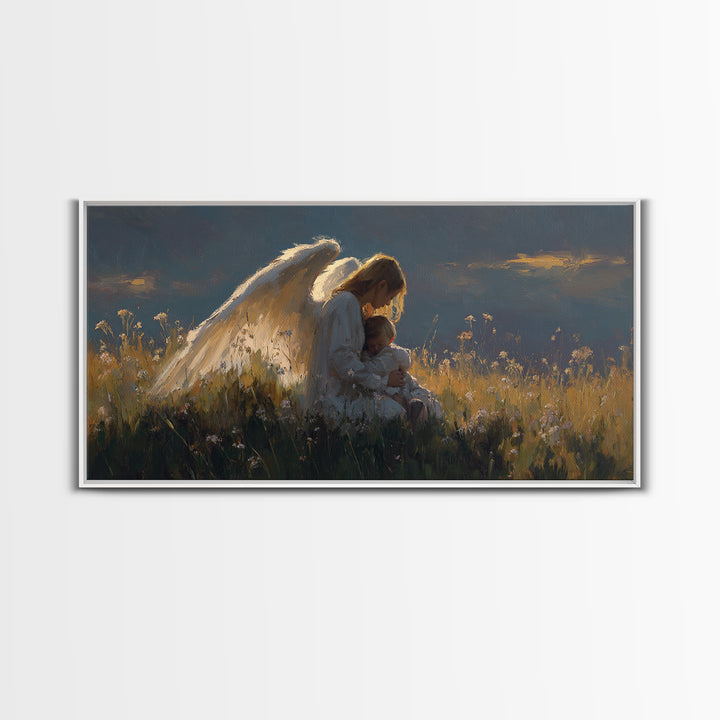 Moody Guardian Angel Holding Child Wall Art, Spiritual Framed Canvas Print, Christian Bedroom Decor, Sympathy Gift For Mom
