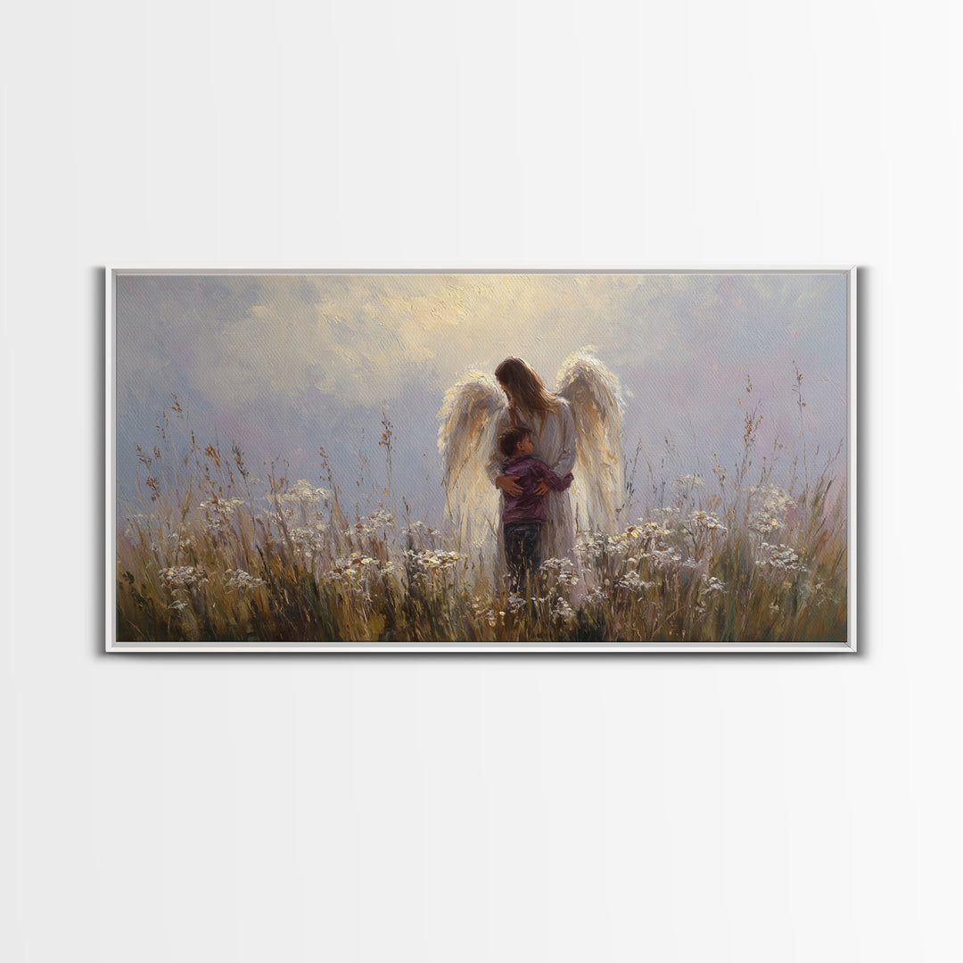 Guardian Angel Embracing Young Boy Wall Art, Christian Framed Canvas Print, Spiritual Nursery Decor, Sympathy Gift For Him