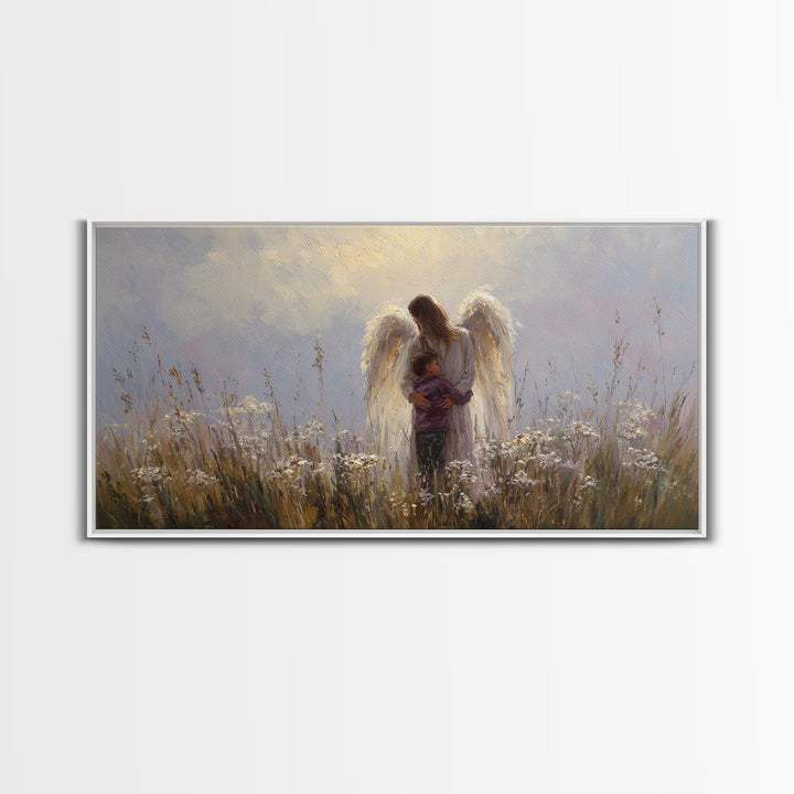 Guardian Angel Embracing Young Boy Wall Art, Christian Framed Canvas Print, Spiritual Nursery Decor, Sympathy Gift For Him