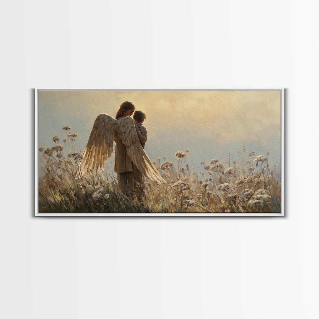 Guardian Angel And Child In Golden Meadow Framed Canvas Print, Christian Wall Art, Nursery Decor, Housewarming Gift, Above Bed Art