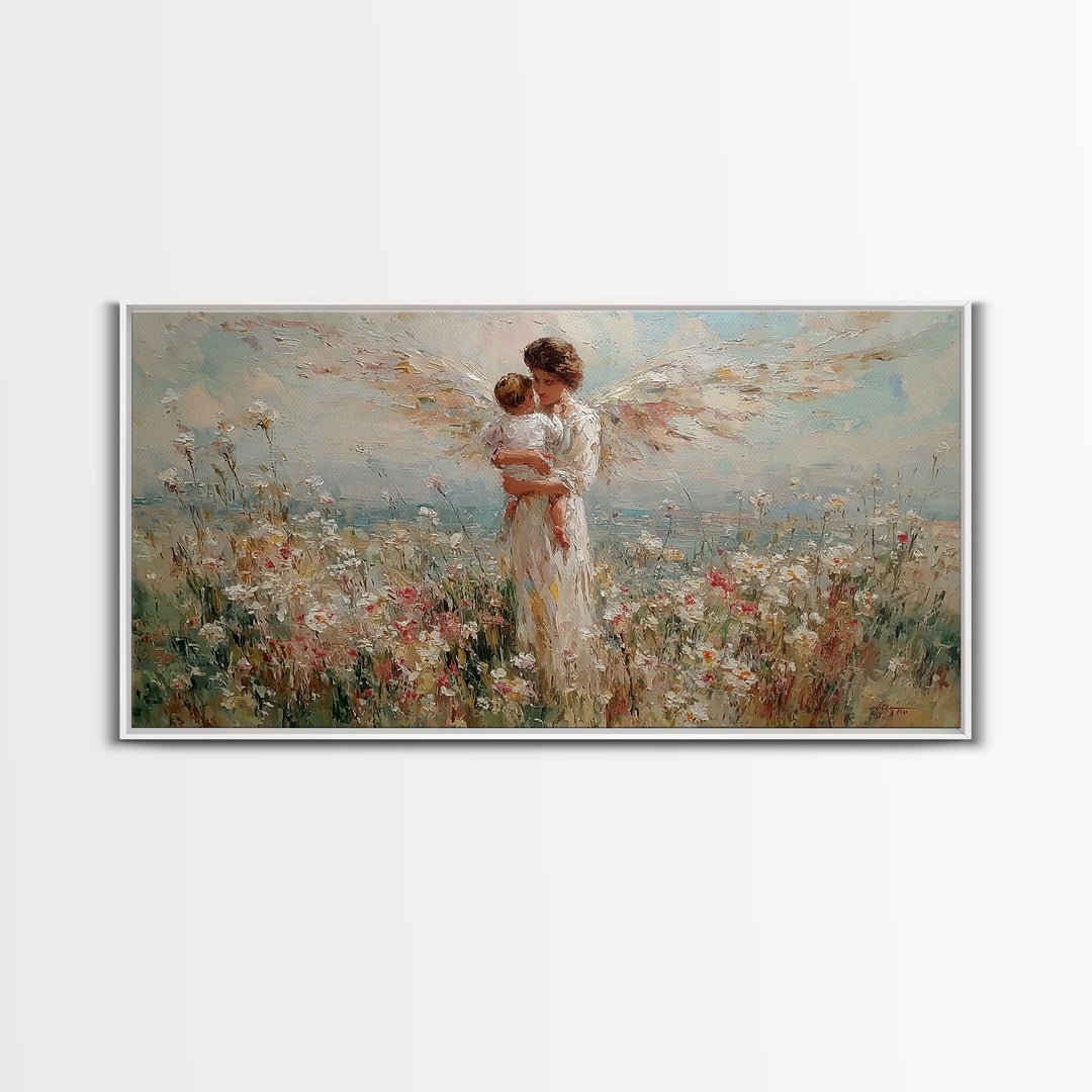 Angel Mother Holding Baby In Wildflower Meadow Canvas Print, Christian Wall Art, Floral Wall Art, Nursery Decor, Gift For Her