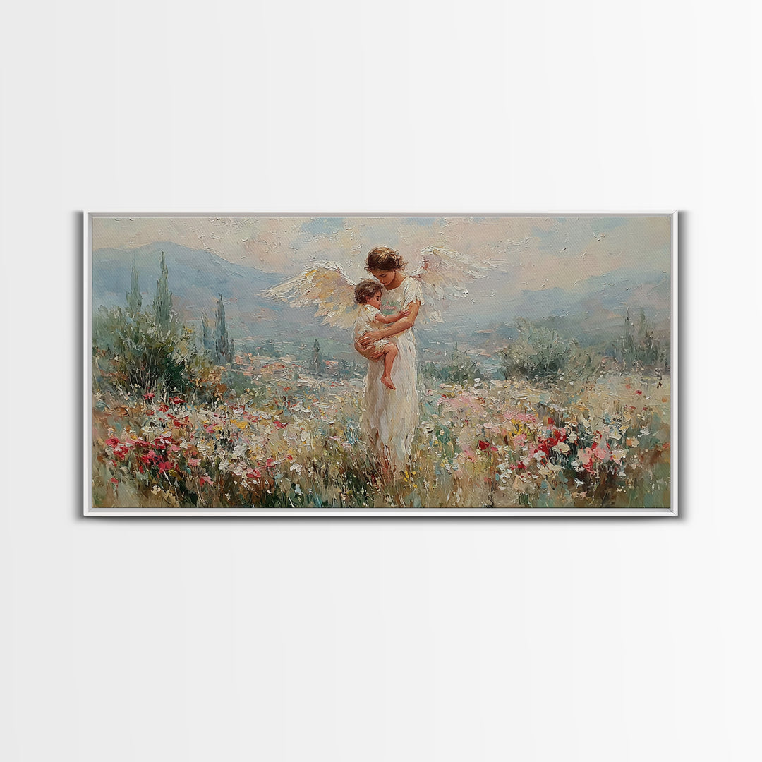 Angel And Baby In Mountain Wildflower Valley Framed Canvas Print, Christian Wall Art, Floral Wall Art, Living Room Decor