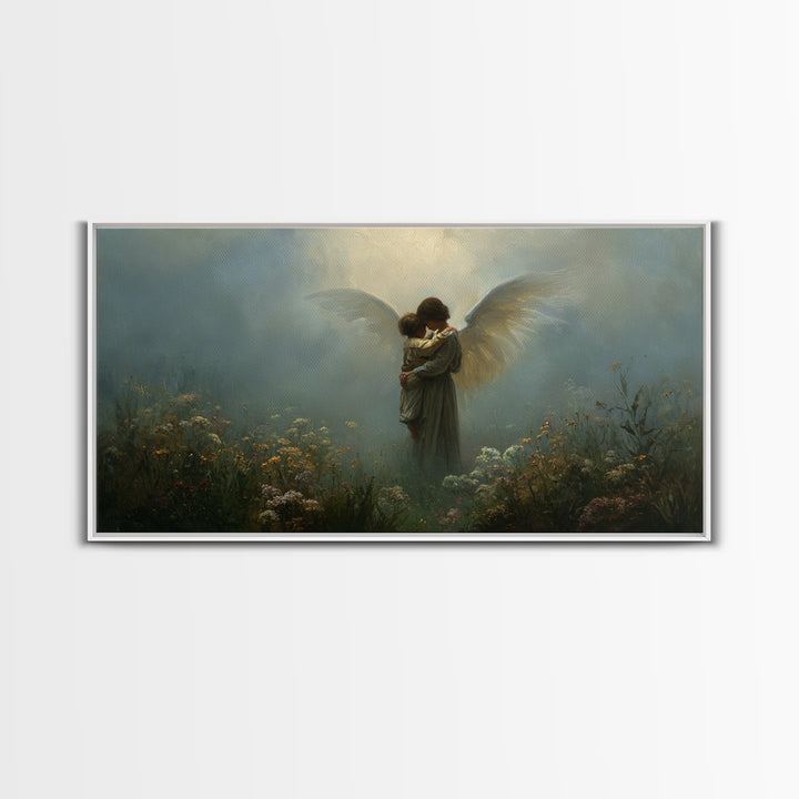 Moody Guardian Angel Embracing Child In Misty Garden Wall Art, Christian Wall Decor, Dark Academia, Housewarming Gift, Bedroom Wall Decor