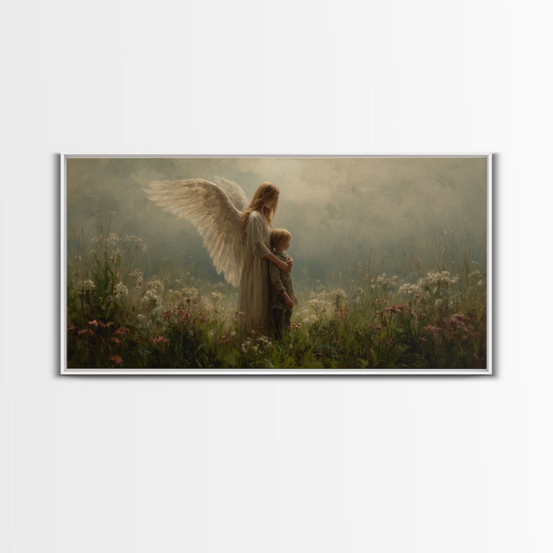 Soft Winged Angel And Child In Misty Meadow Canvas Print, Christian Wall Art, Neutral Wall Art, Nursery Decor, Gift For Mom
