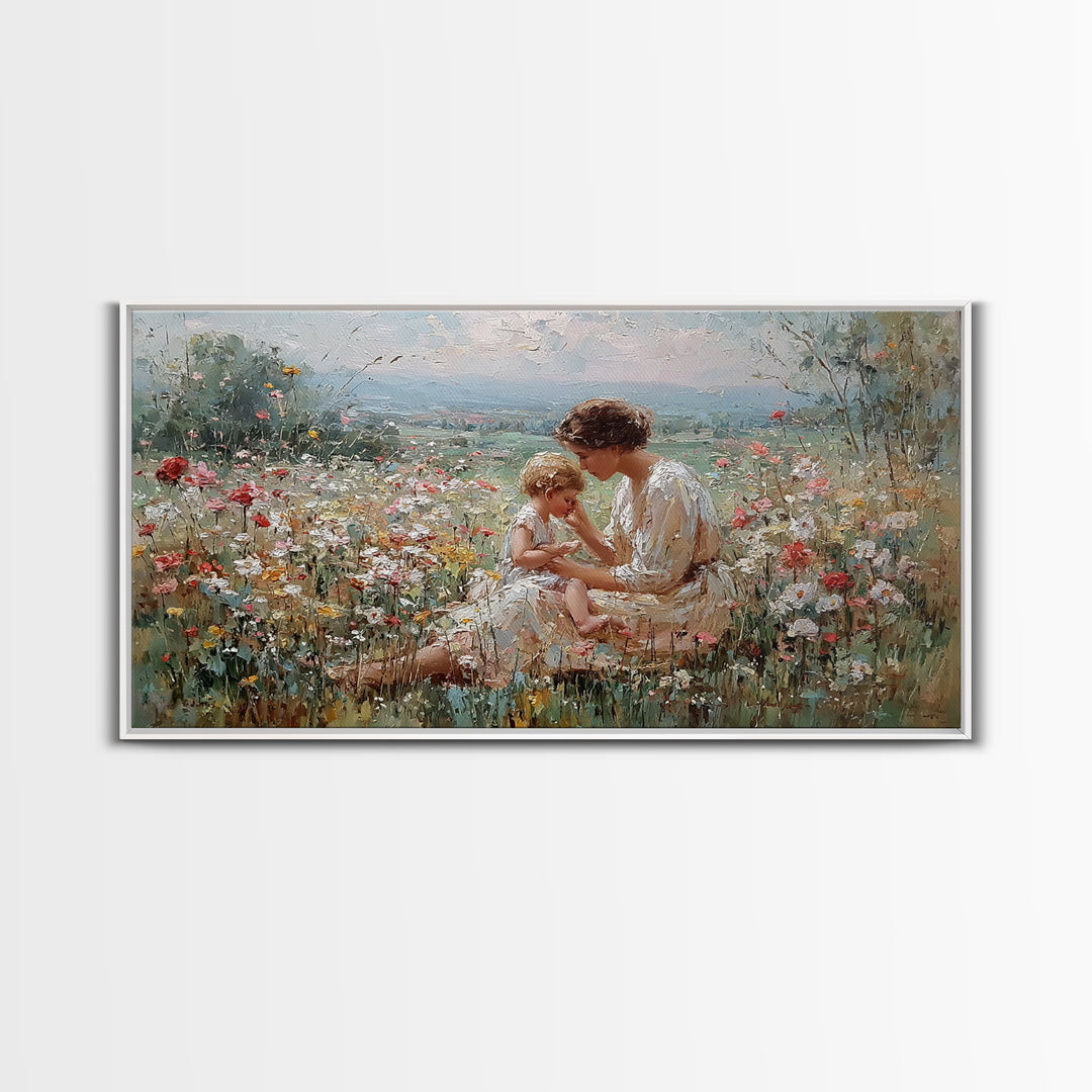 Mother And Baby In Flower Meadow Impressionist Canvas Print, Floral Wall Art, Christian Wall Art, Living Room Decor, Gift For Mom
