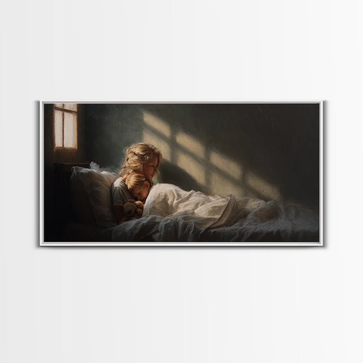 Children Sleeping With Teddy In Sunlit Bedroom Wall Art, Cozy Bedroom Decor, Dark Academia, Nursery Art, Housewarming Gift