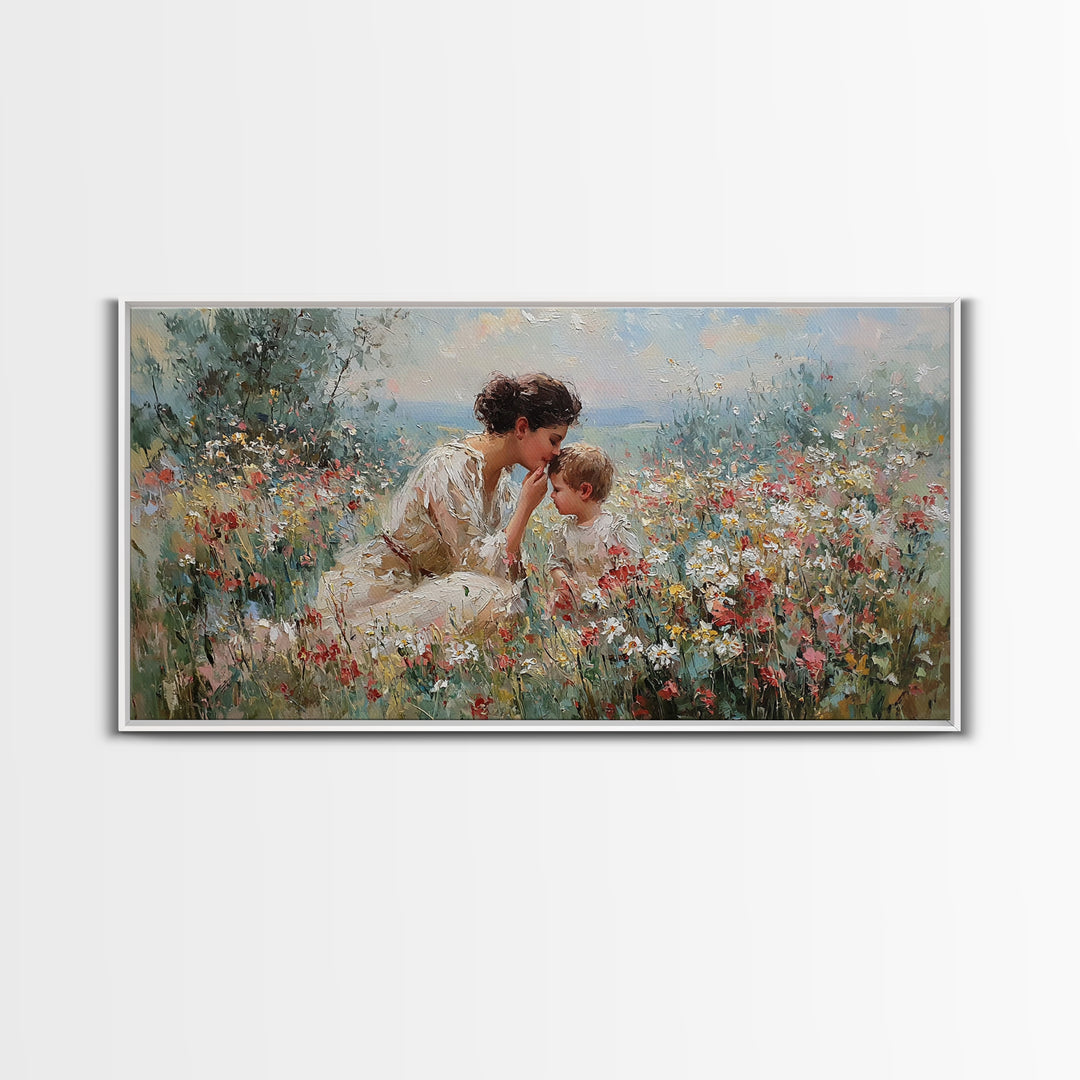 Mother And Child In Wildflower Garden Framed Canvas Print, Floral Wall Art, Christian Wall Art, Living Room Decor, Gift For Her
