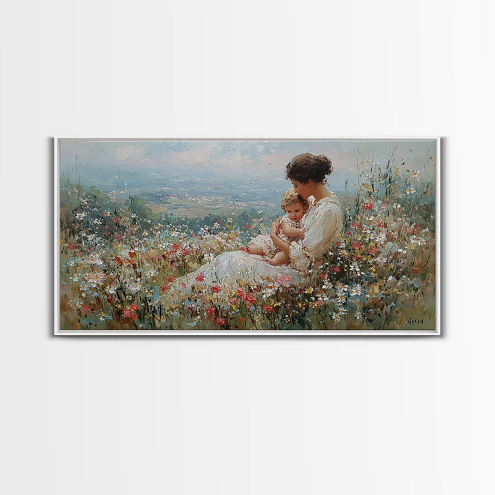 Mother Holding Baby In Wildflower Meadow Canvas Print, Impressionist Floral Landscape, Nursery Wall Art, Housewarming Gift