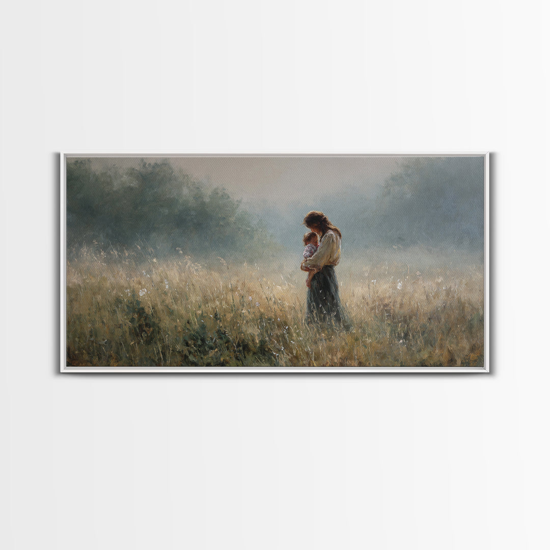 Mother And Child Standing In Misty Meadow Framed Canvas Print, Serene Landscape Painting, Neutral Wall Art, Calming Decor