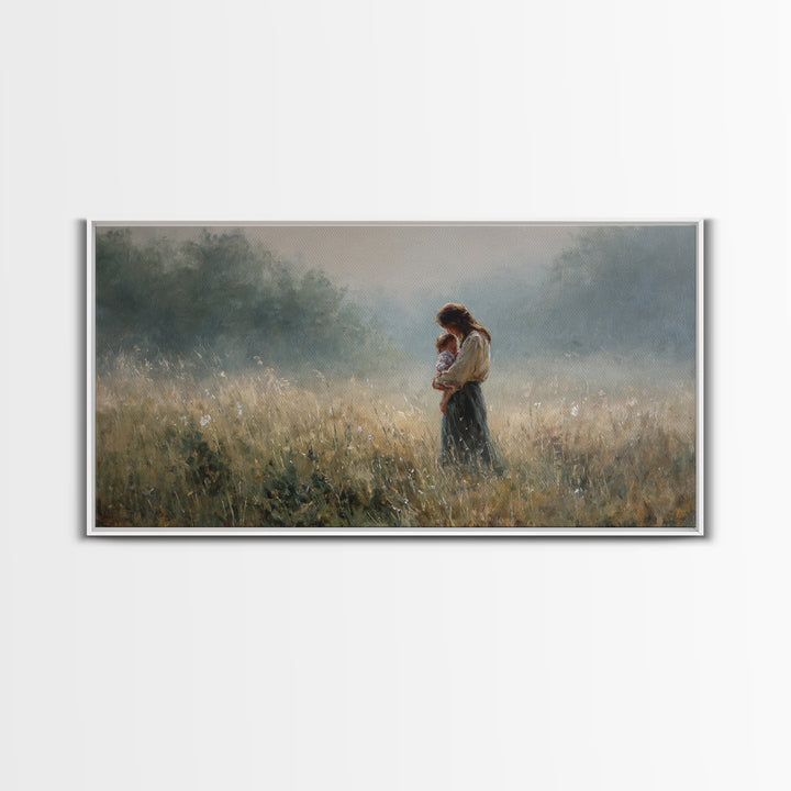 Mother And Child Standing In Misty Meadow Framed Canvas Print, Serene Landscape Painting, Neutral Wall Art, Calming Decor