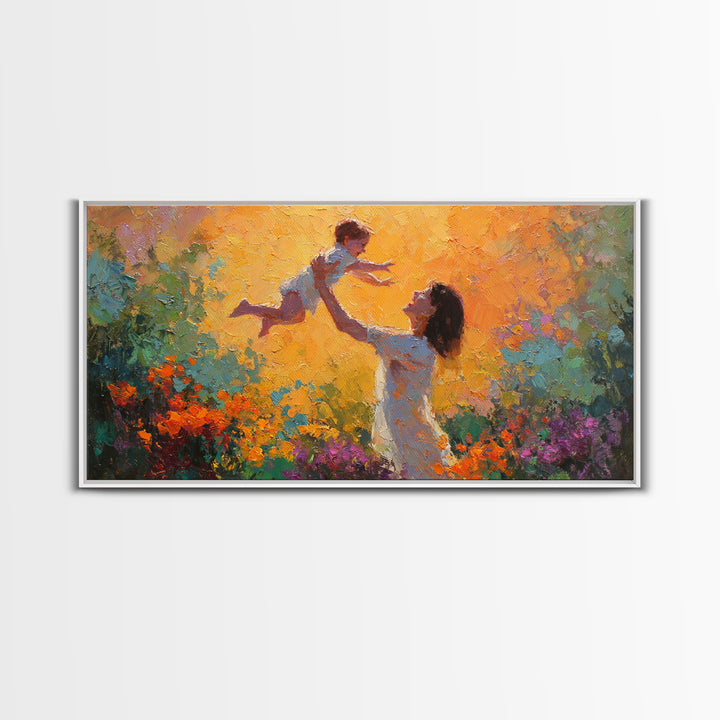 Mother Lifting Child In Glowing Sunset Garden Canvas Print, Colorful Impressionist Painting, Joyful Family Wall Art, Gift For Mom