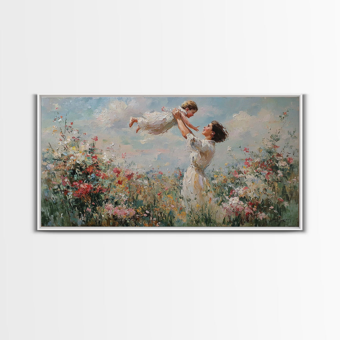 Mother Lifting Daughter Above Wildflower Garden Framed Canvas Print, Impressionist Floral Wall Art, Nursery Decor, Gift For Her