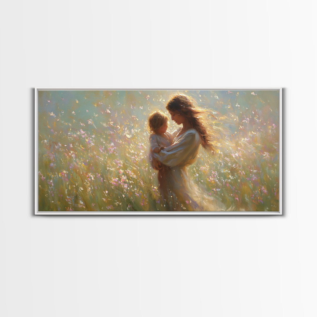 Sunlit Mother And Child In Wildflower Meadow Wall Art, Impressionist Meadow Canvas, Feminine Bedroom Decor, Gift For Mom