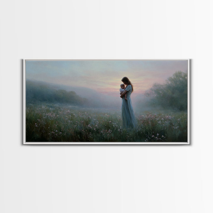 Misty Mother And Baby Meadow Wall Art, Impressionist Wildflower Landscape Print, Serene Nursery Decor, Gift For Mom, Home Decor