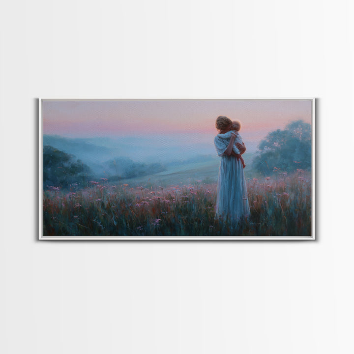 Mother Holding Baby At Pink Dusk Canvas Print, Misty Wildflower Meadow Wall Art, Nursery Decor, Gift For Mom, Serene Bedroom Decor