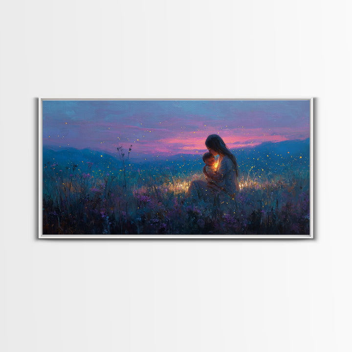 Moonlit Mother And Baby Firefly Wall Art, Celestial Wildflower Meadow Canvas Print, Magical Nursery Decor, Gift For Mom, Home Decor