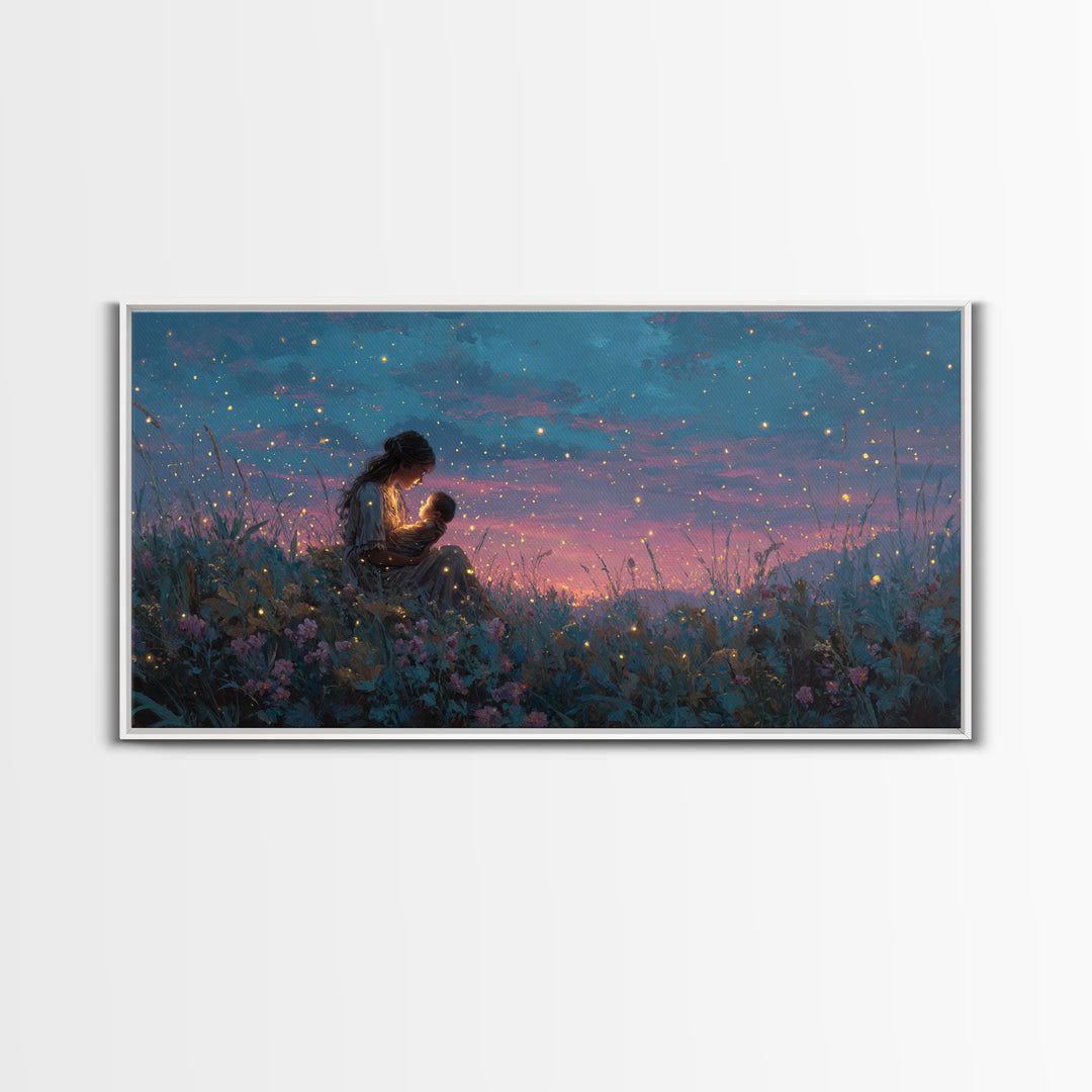 Starlit Mother Nursing Baby Meadow Wall Art, Firefly Night Landscape Canvas Print, Celestial Nursery Decor, Gift For Mom