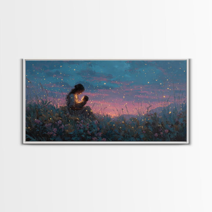Starlit Mother Nursing Baby Meadow Wall Art, Firefly Night Landscape Canvas Print, Celestial Nursery Decor, Gift For Mom