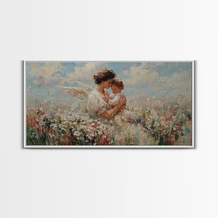 Mother Embracing Child In Daisy Meadow Framed Canvas Print, Impressionist Floral Wall Art, Nursery Decor, Gift For Mom, Home Decor
