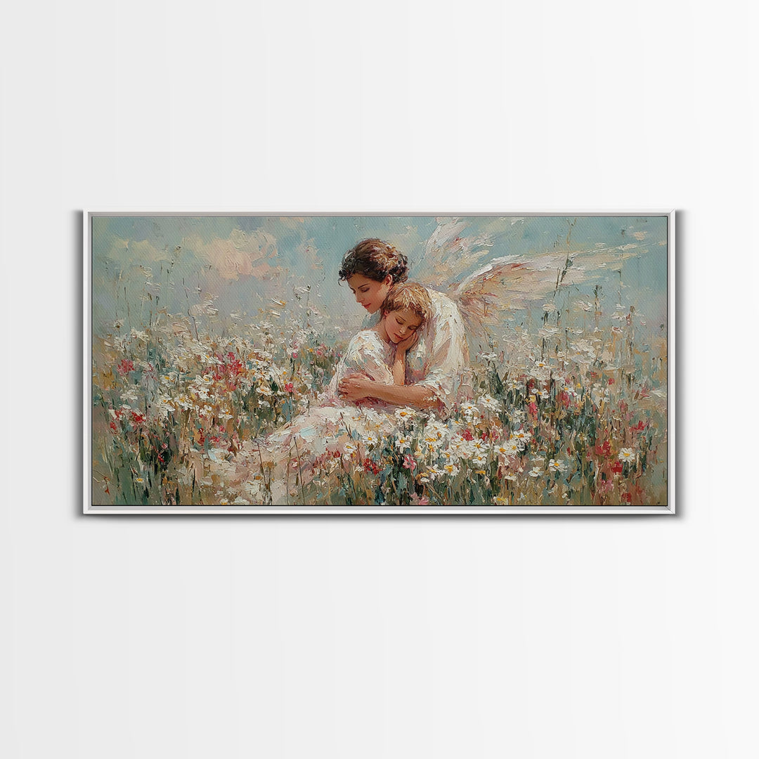 Guardian Angel And Child In Wildflower Meadow Framed Canvas Print, Christian Nursery Wall Art, Motherhood Gift Home Decor