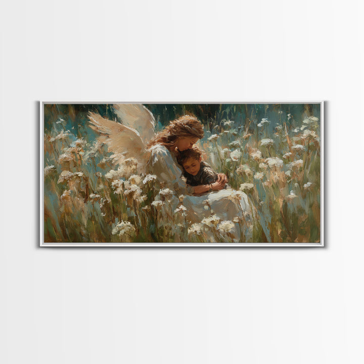 Protective Angel Embracing Child In White Flower Field Framed Canvas Print, Christian Wall Art, Nursery Decor Housewarming Gift