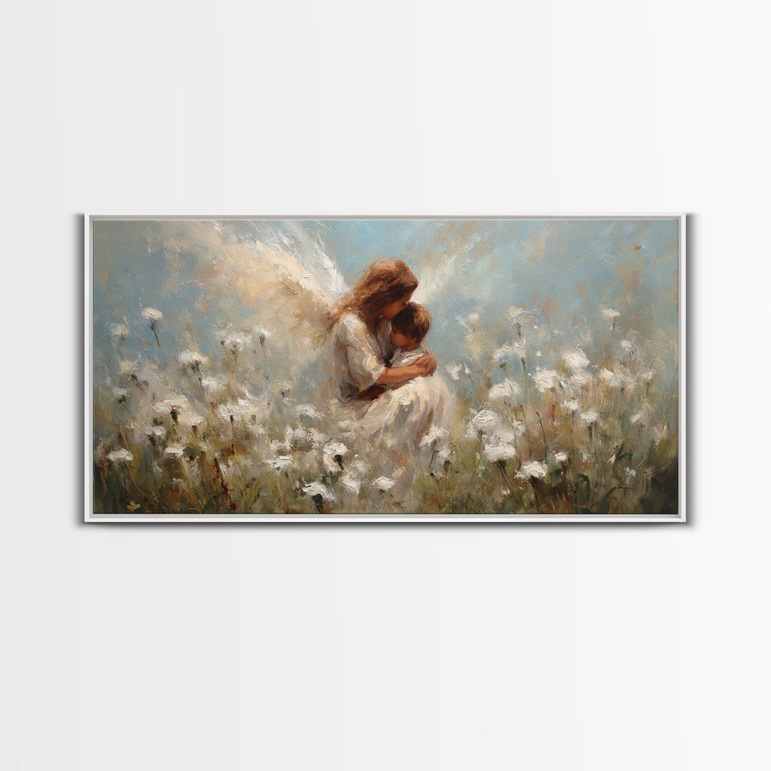 Tender Angel Holding Baby In White Wildflower Meadow Canvas Print, Christian Wall Art, Nursery Home Decor, Motherhood Gift