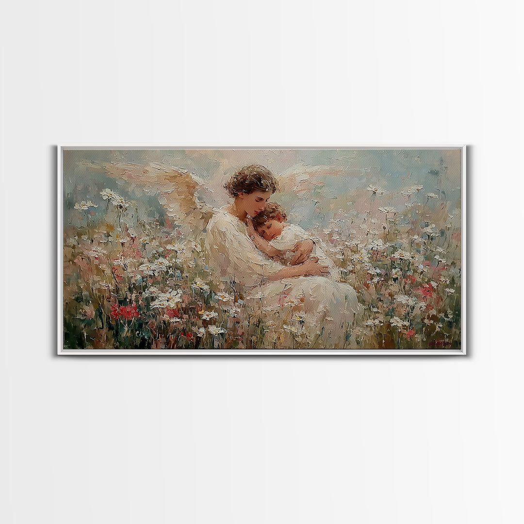 Seated Guardian Angel Cradling Sleeping Baby In Floral Meadow Wall Art, Christian Nursery Decor, Motherhood Gift For Her