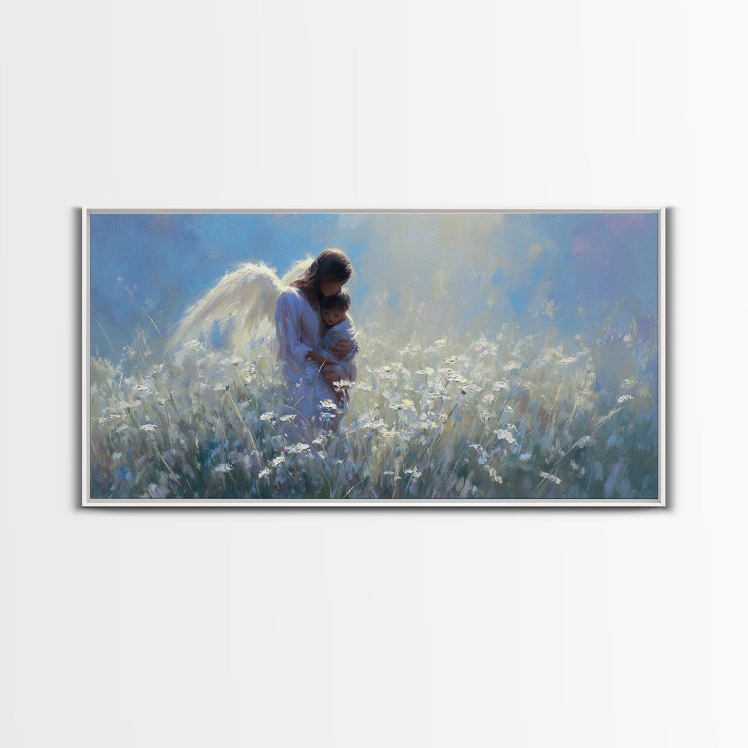 Angel Mother Holding Child In Moonlit White Meadow Framed Canvas Print, Christian Wall Art, Calming Nursery Home Decor Gift