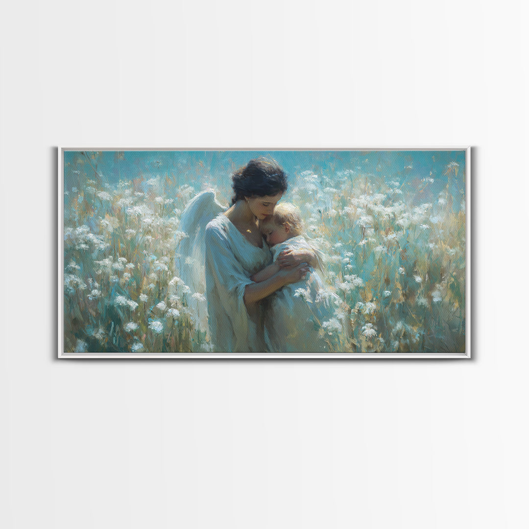 Serene Angel Cradling Blonde Baby In Blue Wildflower Field Framed Canvas Print, Christian Wall Art, Nursery Home Decor Gift