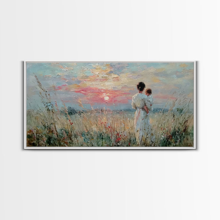 Mother And Child Sunset Seascape Canvas Print, Impressionist Coastal Wall Art, Romantic Bedroom Decor, Nursery Gift For Her
