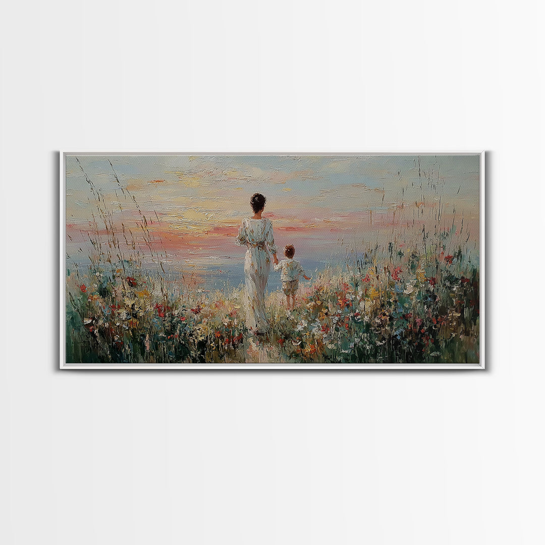 Mother And Child Ocean Meadow Wall Art, Impressionist Wildflower Seascape, Coastal Nursery Decor, Framed Canvas Print, Gift For Her