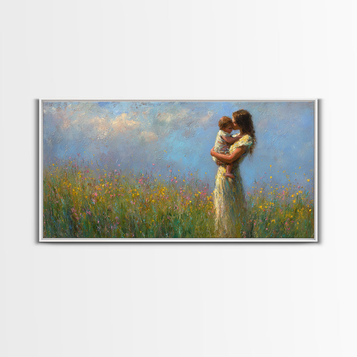 Mother And Child Embraced In Flower Field Wall Art, Impressionist Canvas Print, Floral Nursery Decor, Housewarming Gift, Gift For Mom